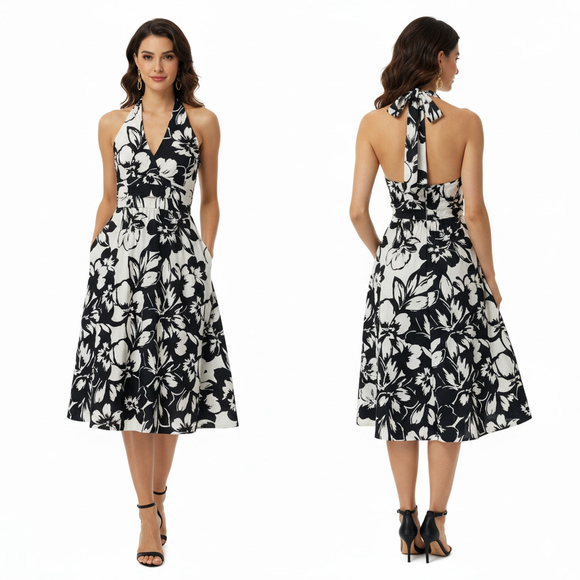 Boston Proper Exploded Floral Black White Halter Midi Dress Women’s Size 4 NWT - Picture 1 of 10